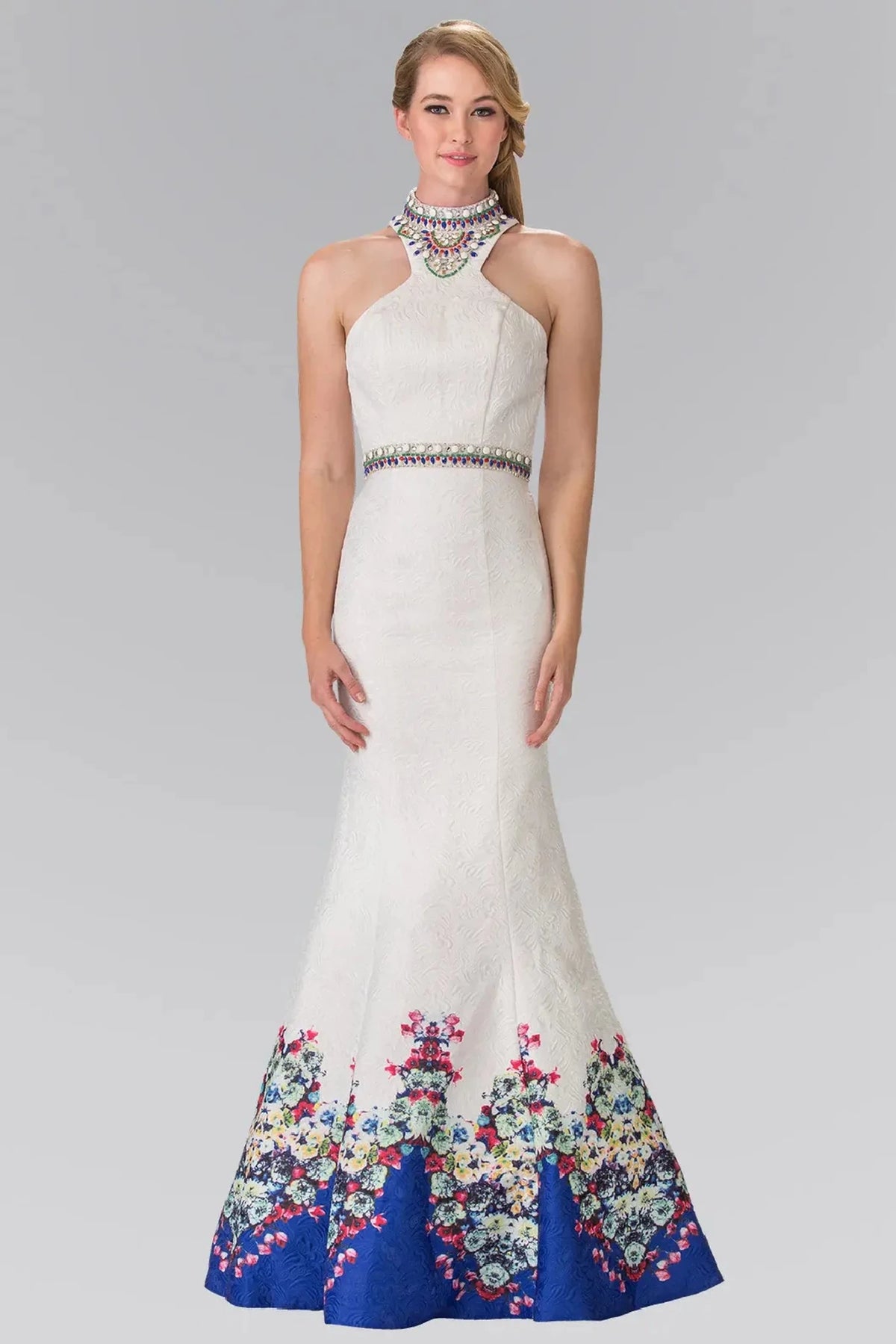 Ivory beaded prom evening dress full front