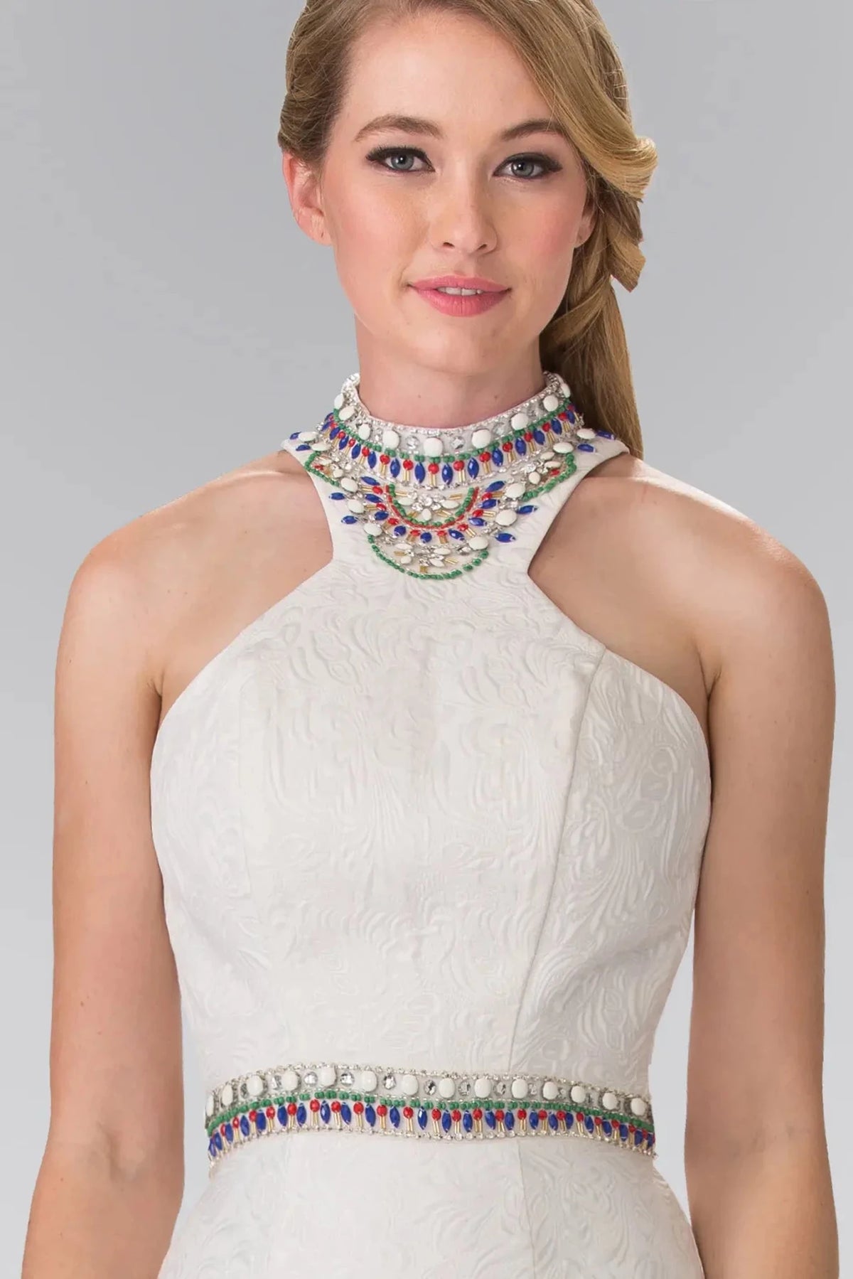 Ivory high neck prom evening dress upper front with beads, jewel