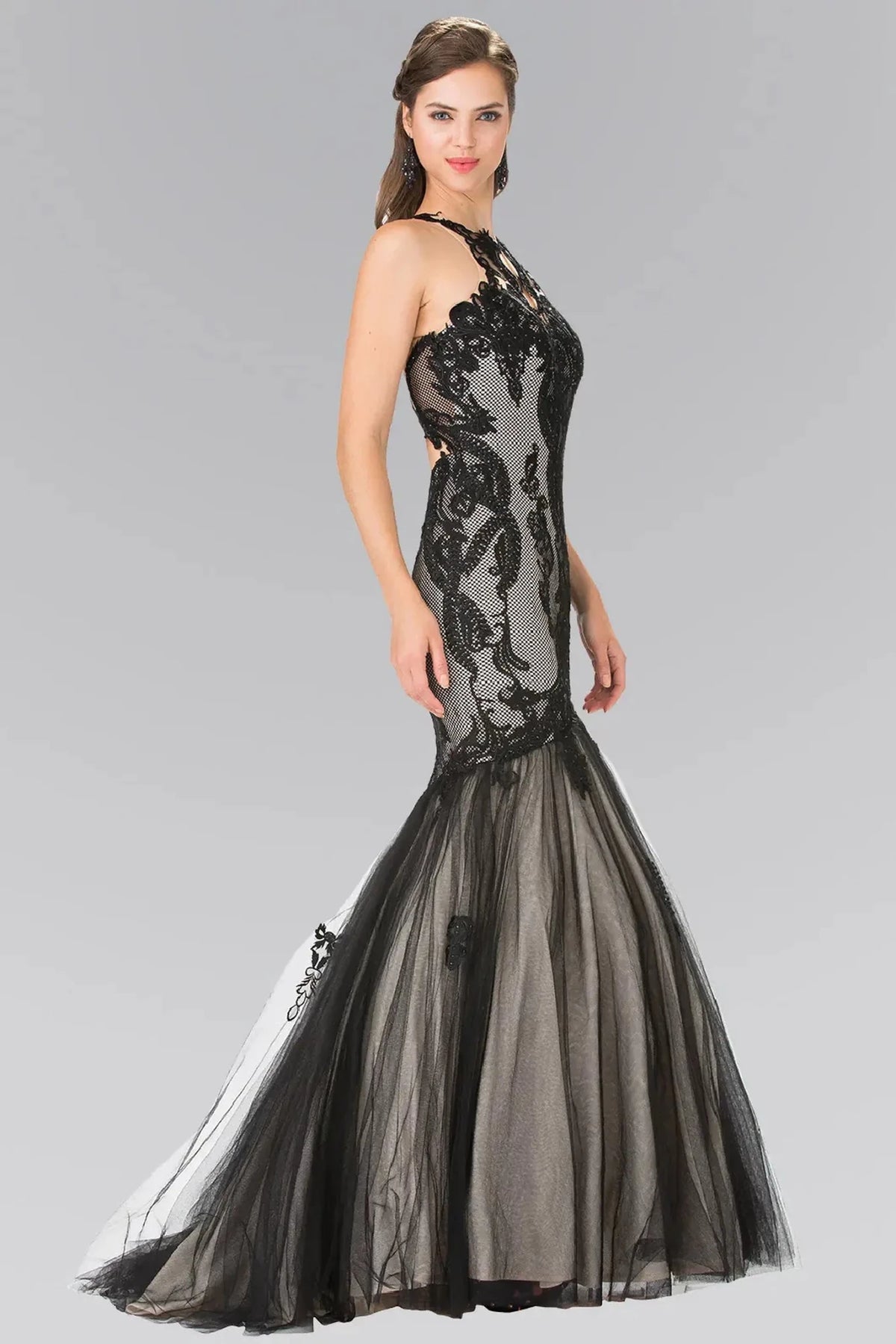 Black beaded halter prom evening dress full front