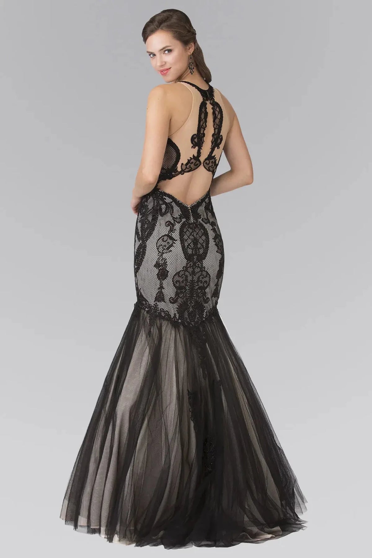 Black prom evening dress full back with sheer back