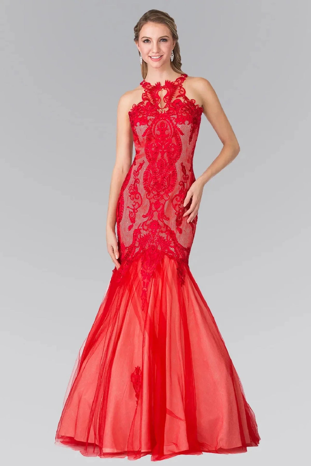 Red beaded halter prom evening dress full front