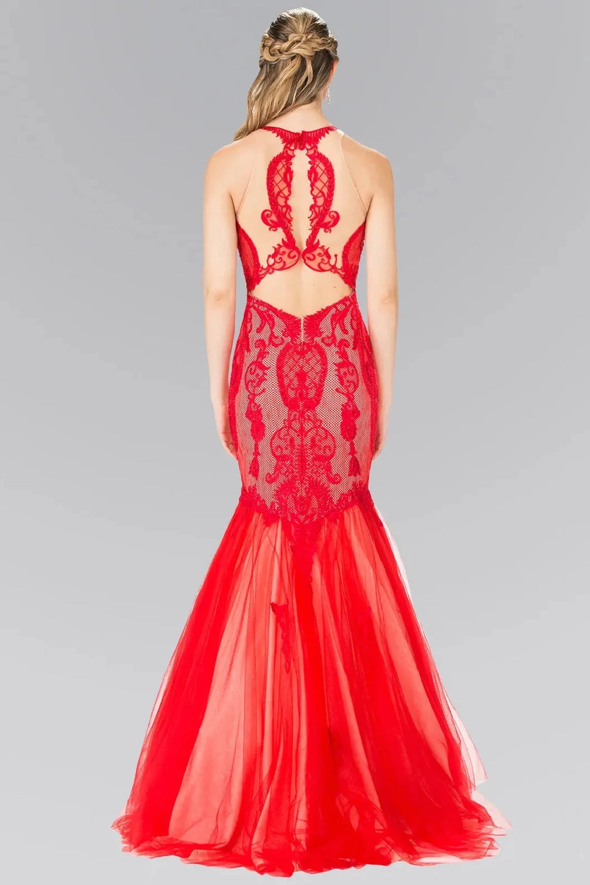 Red prom evening dress full back with sheer back