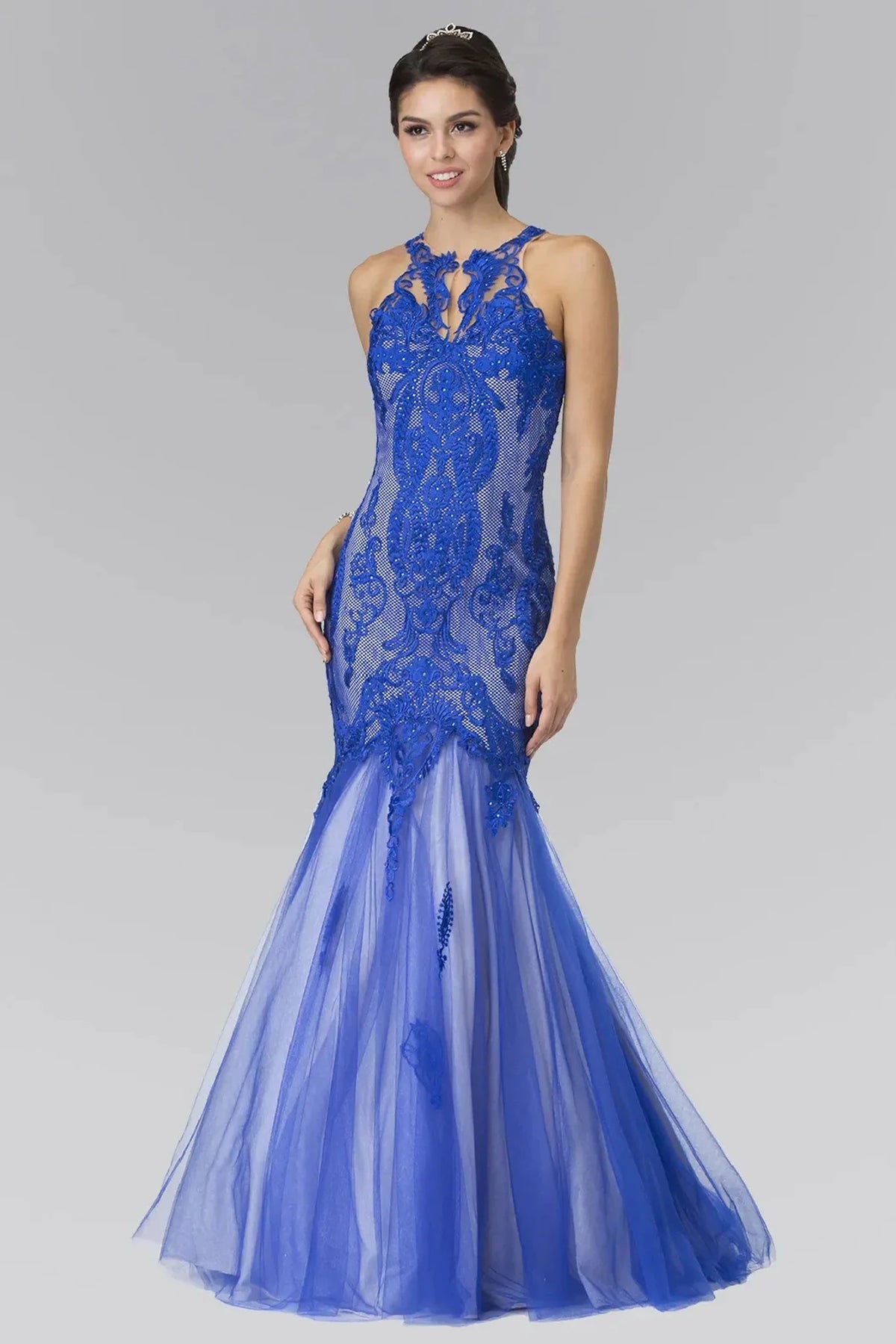 Royal Blue beaded halter prom evening dress full front