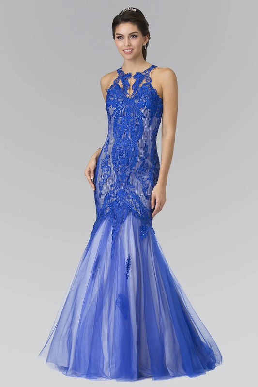 Full-length front view shows beaded halter styling on the Royal Blue prom evening dress.