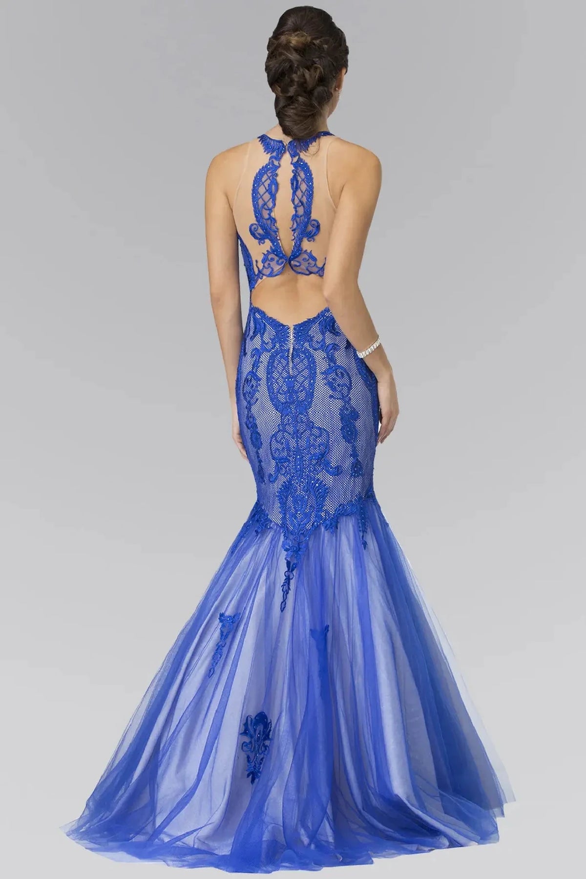 Royal Blue prom evening dress full back with sheer back