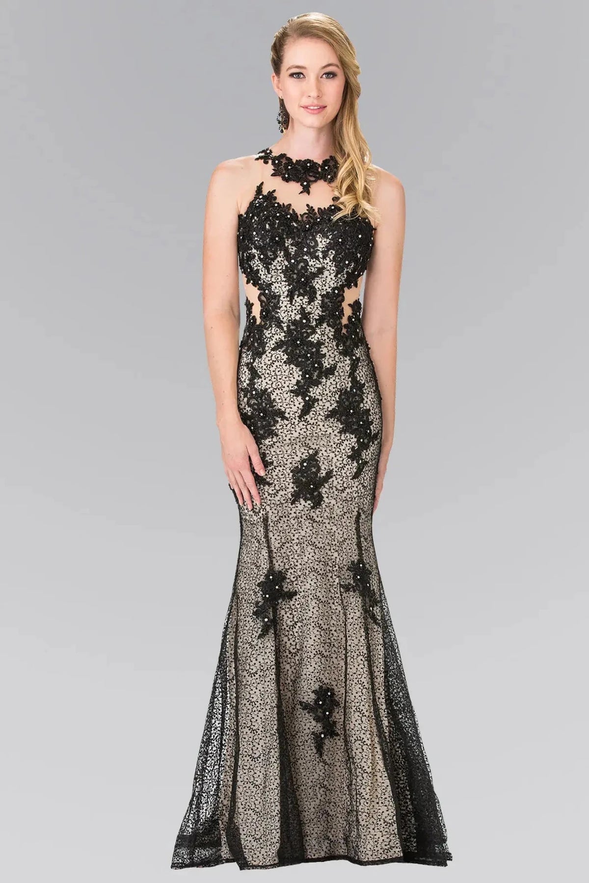 Black embroidered prom evening dress full front