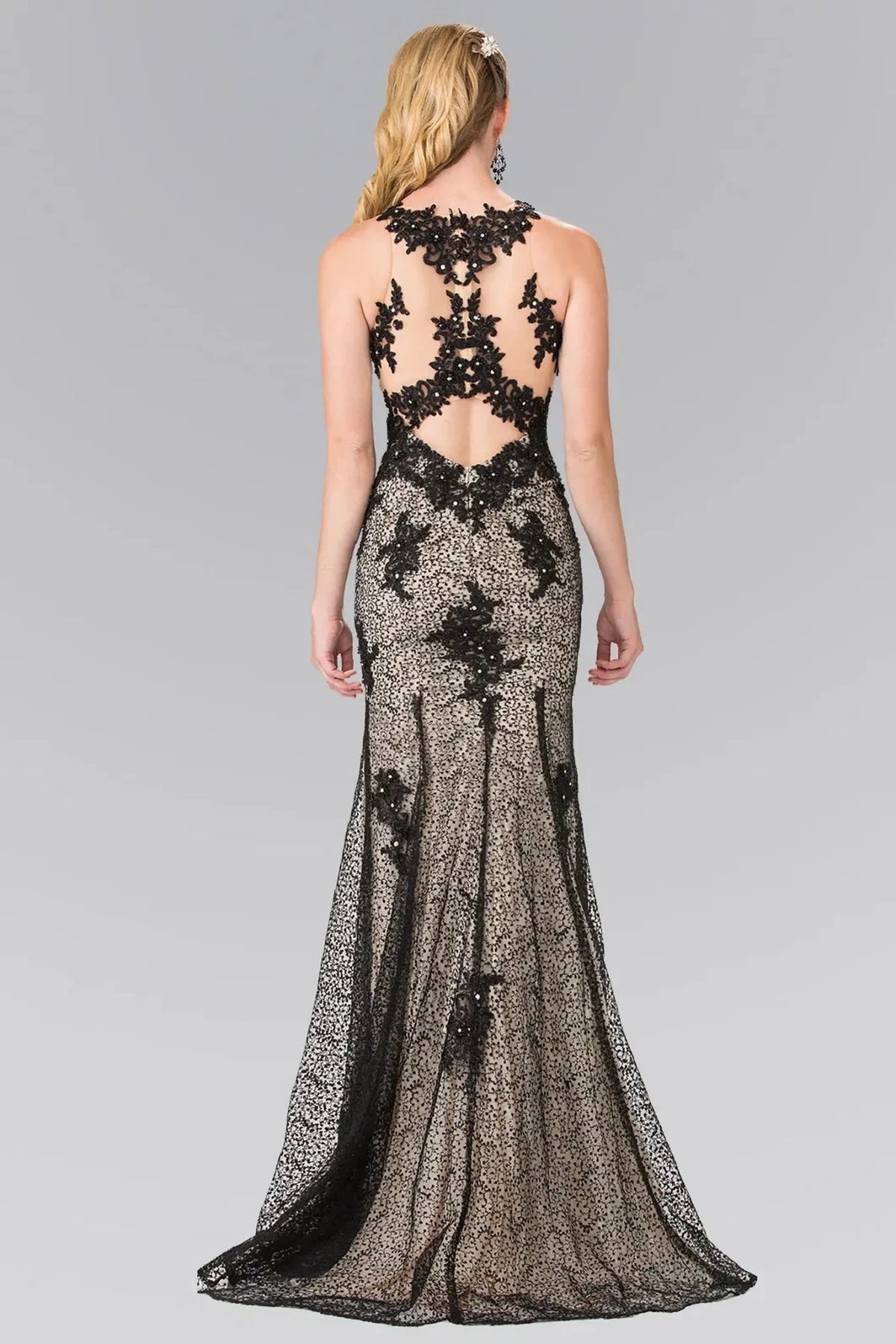 Black prom evening dress full back with sheer back