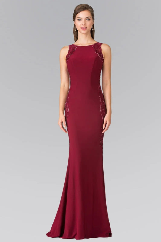 Bodice close-up highlights burgundy sequins embroidery formal dress.