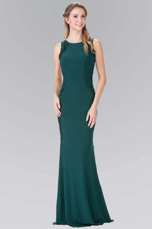 Side profile shows green sequins embroidery formal dress side detail.