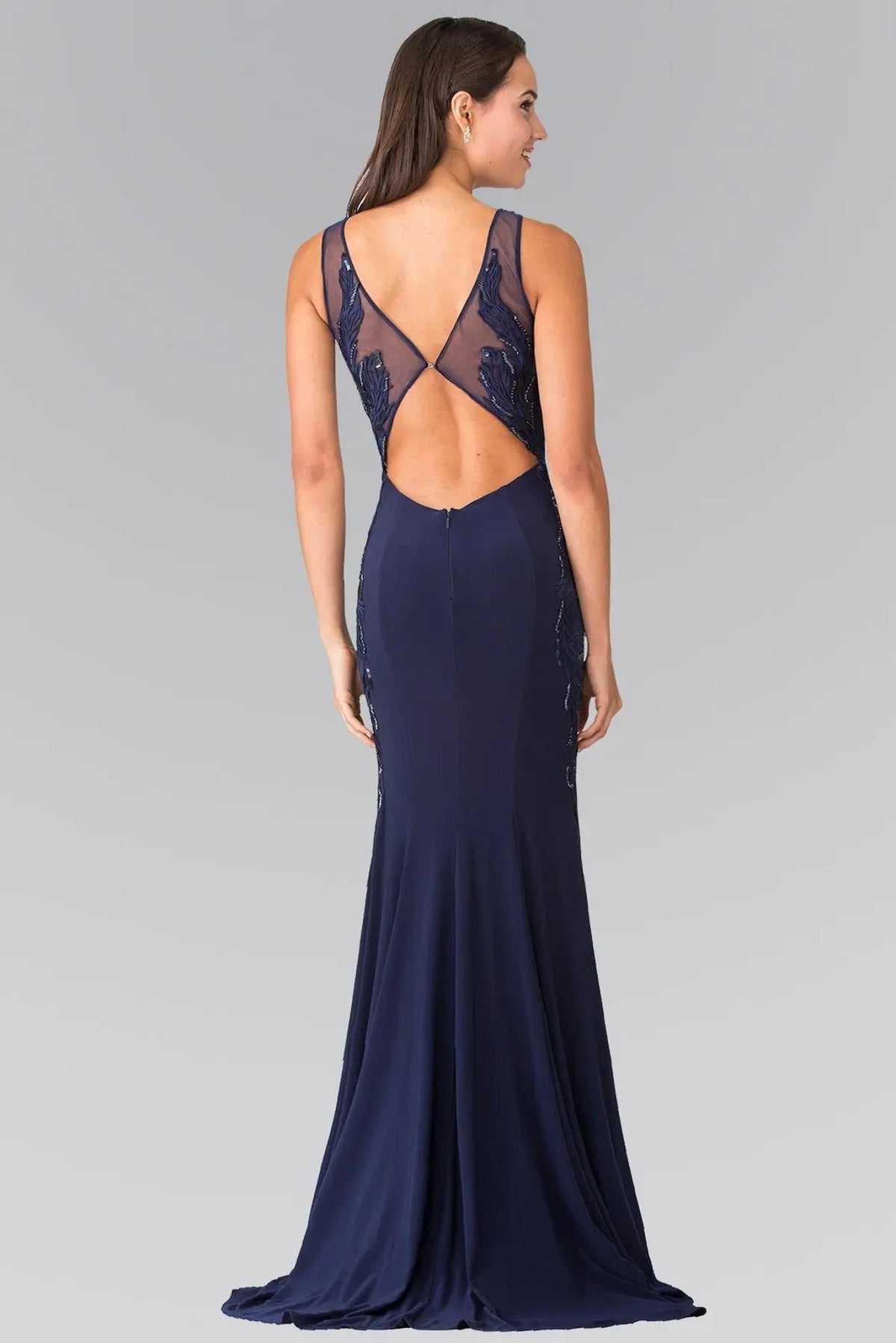Navy sequins embroidery formal dress full front view