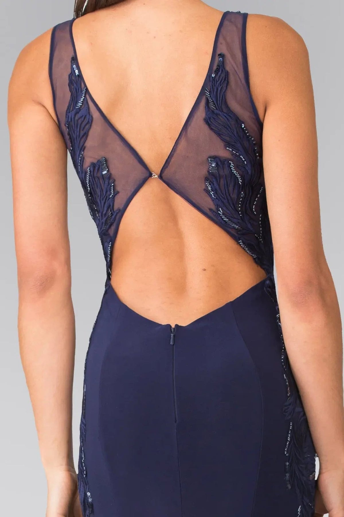 Navy sequins embroidery formal dress back bodice detail