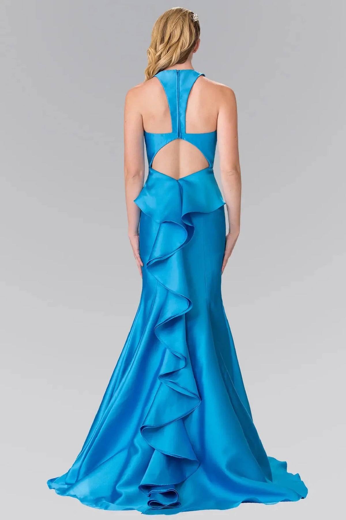 Turquoise prom evening dress full back with open back