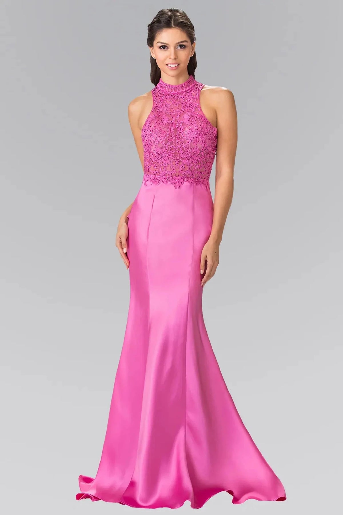 Magenta embroidered prom evening dress full front