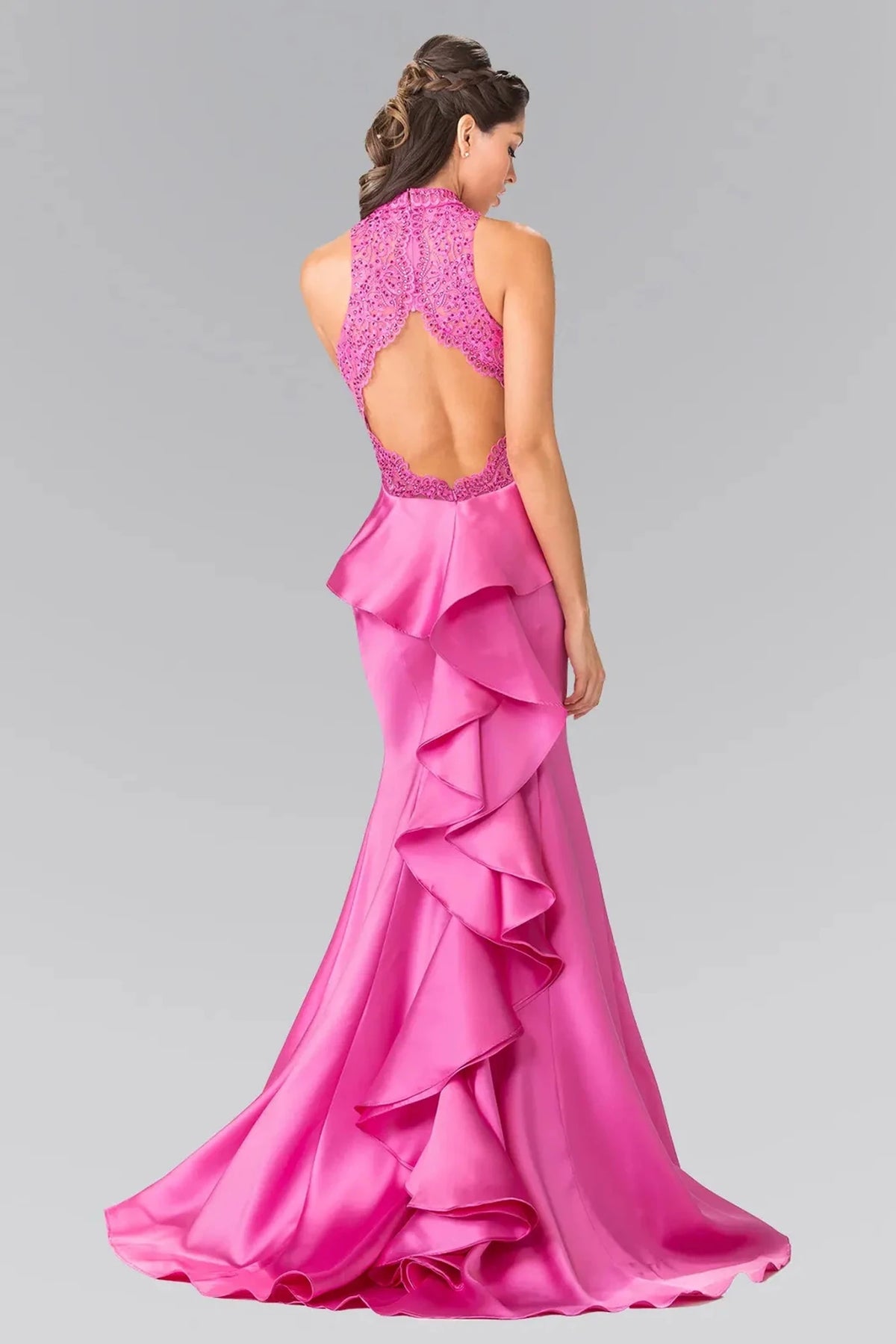 Magenta prom evening dress full back with back detail