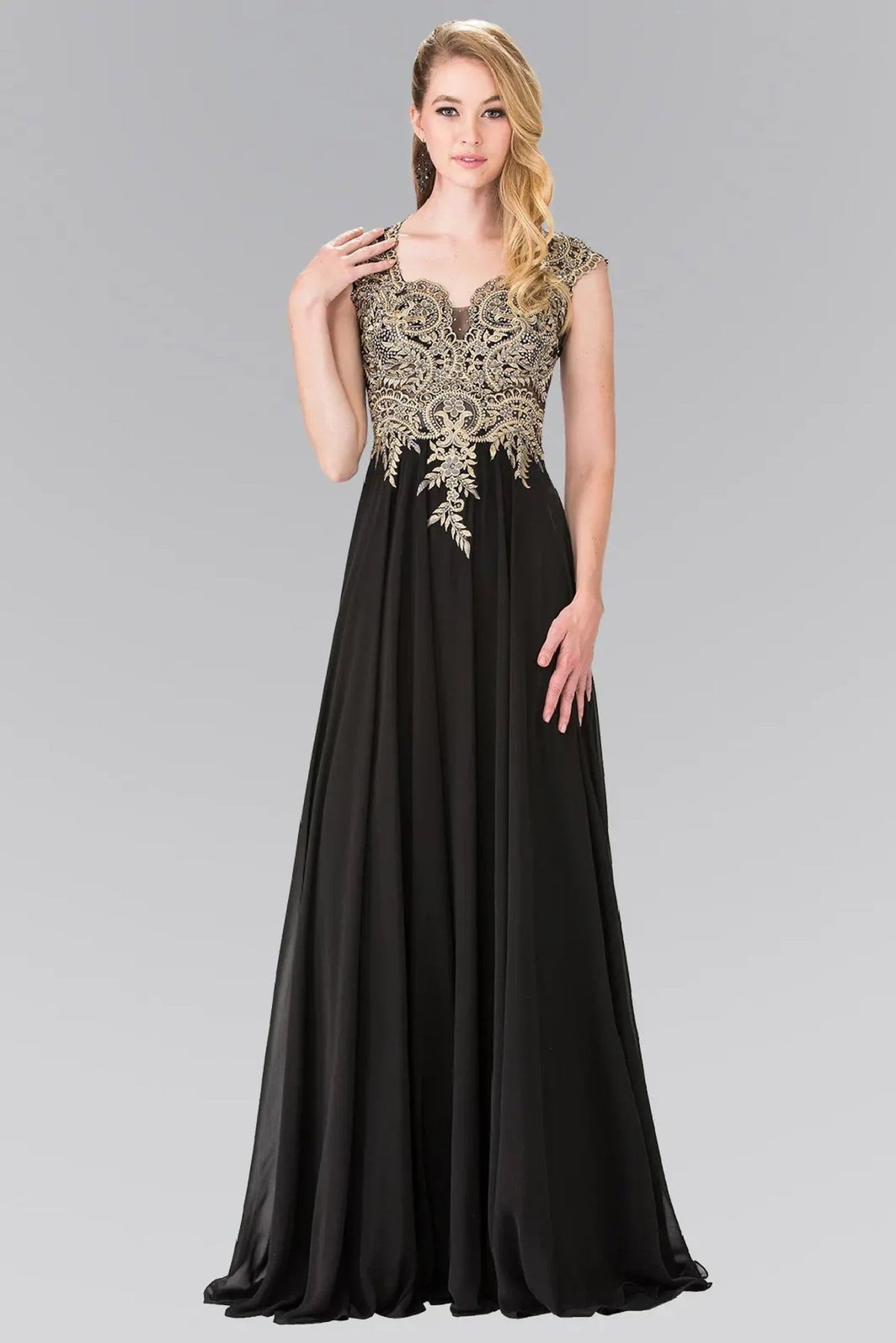 Black embroidery formal dress full back view