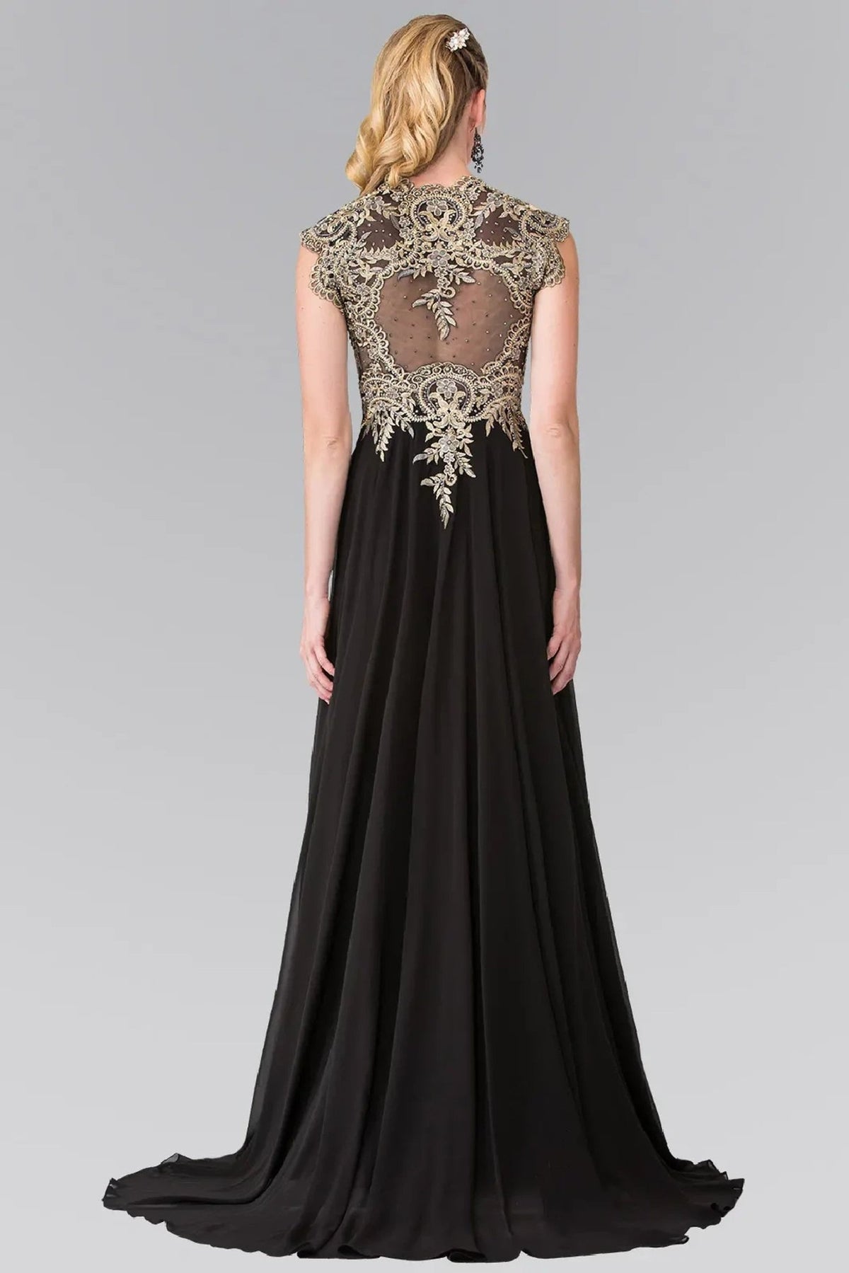 Black embroidery formal dress front bodice view
