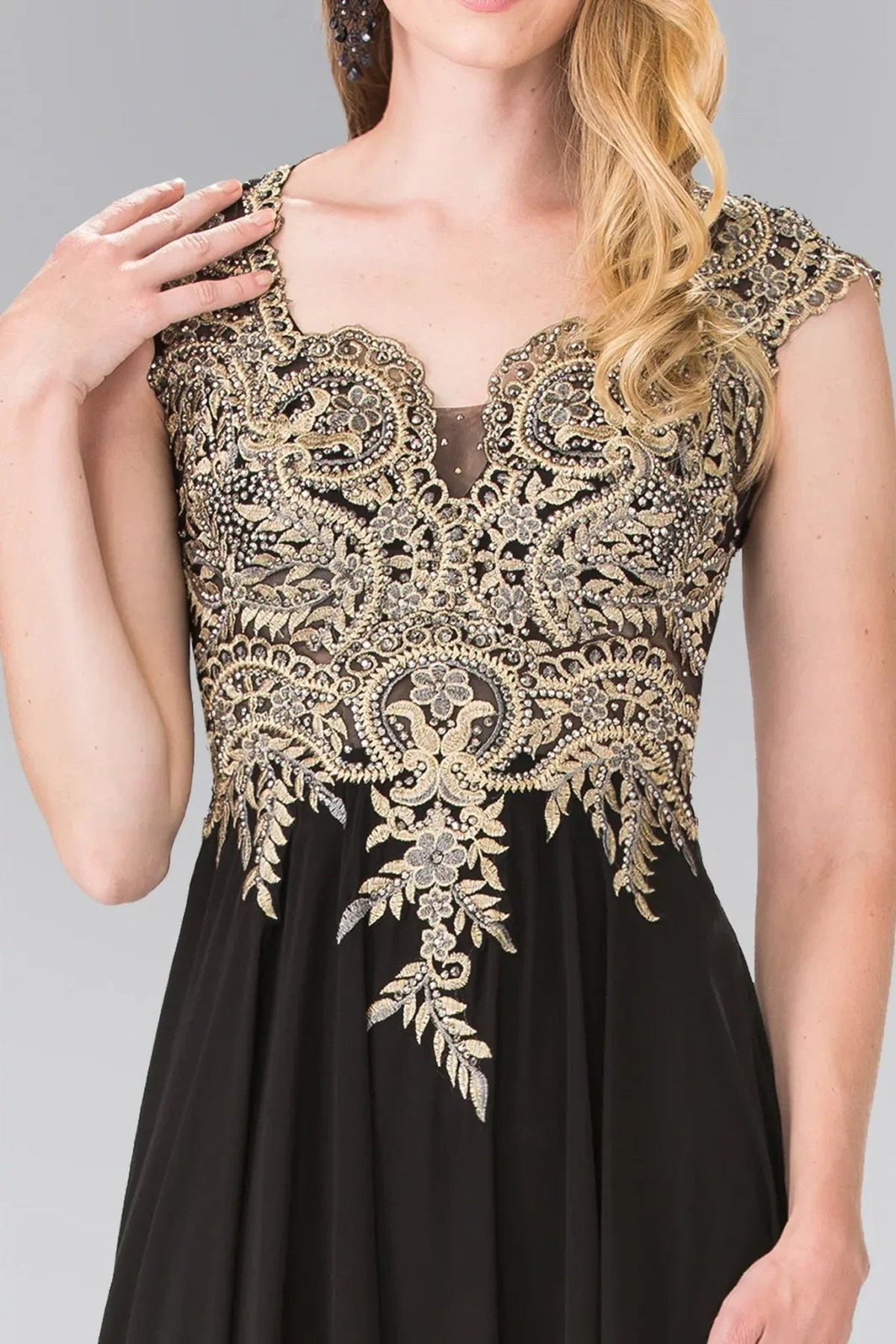 Black embroidery formal dress back bodice detail