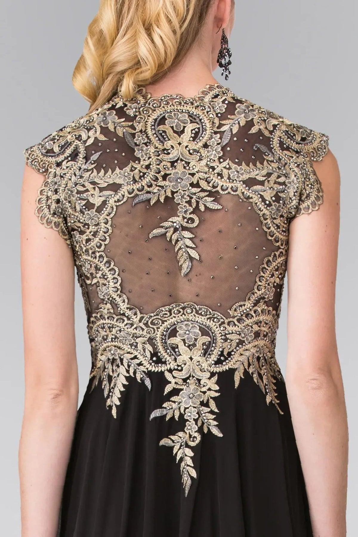 Black embroidery formal dress side detail