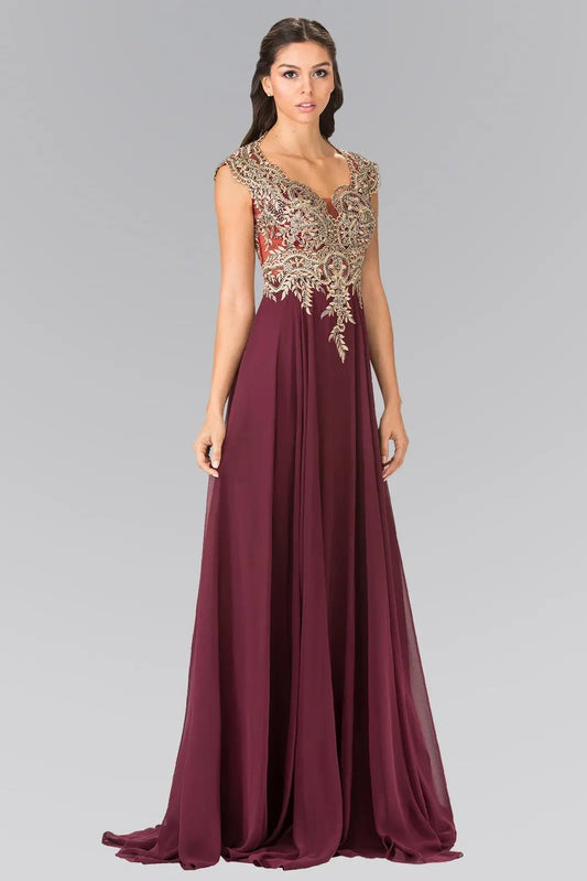 Detailed view highlights burgundy embroidery formal dress detail.