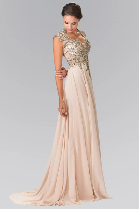 Detailed view highlights champagne embroidery formal dress detail.