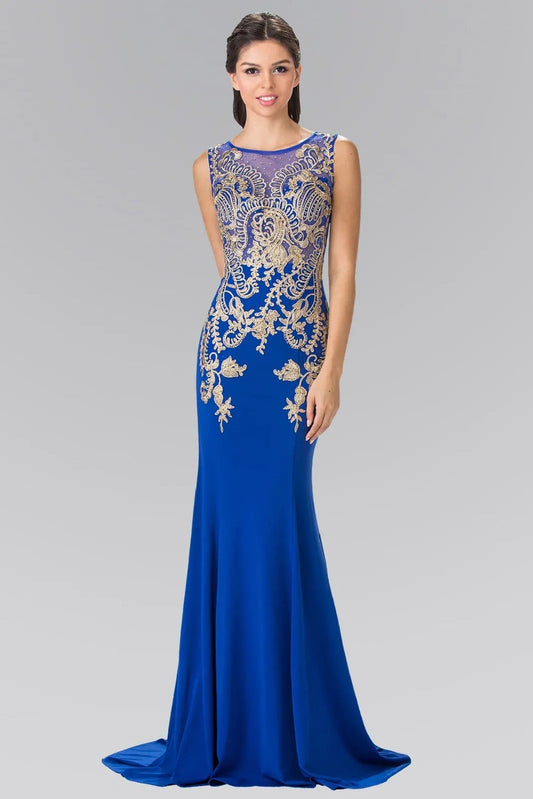 Rear view reveals royal Blue beading embroidery formal dress.