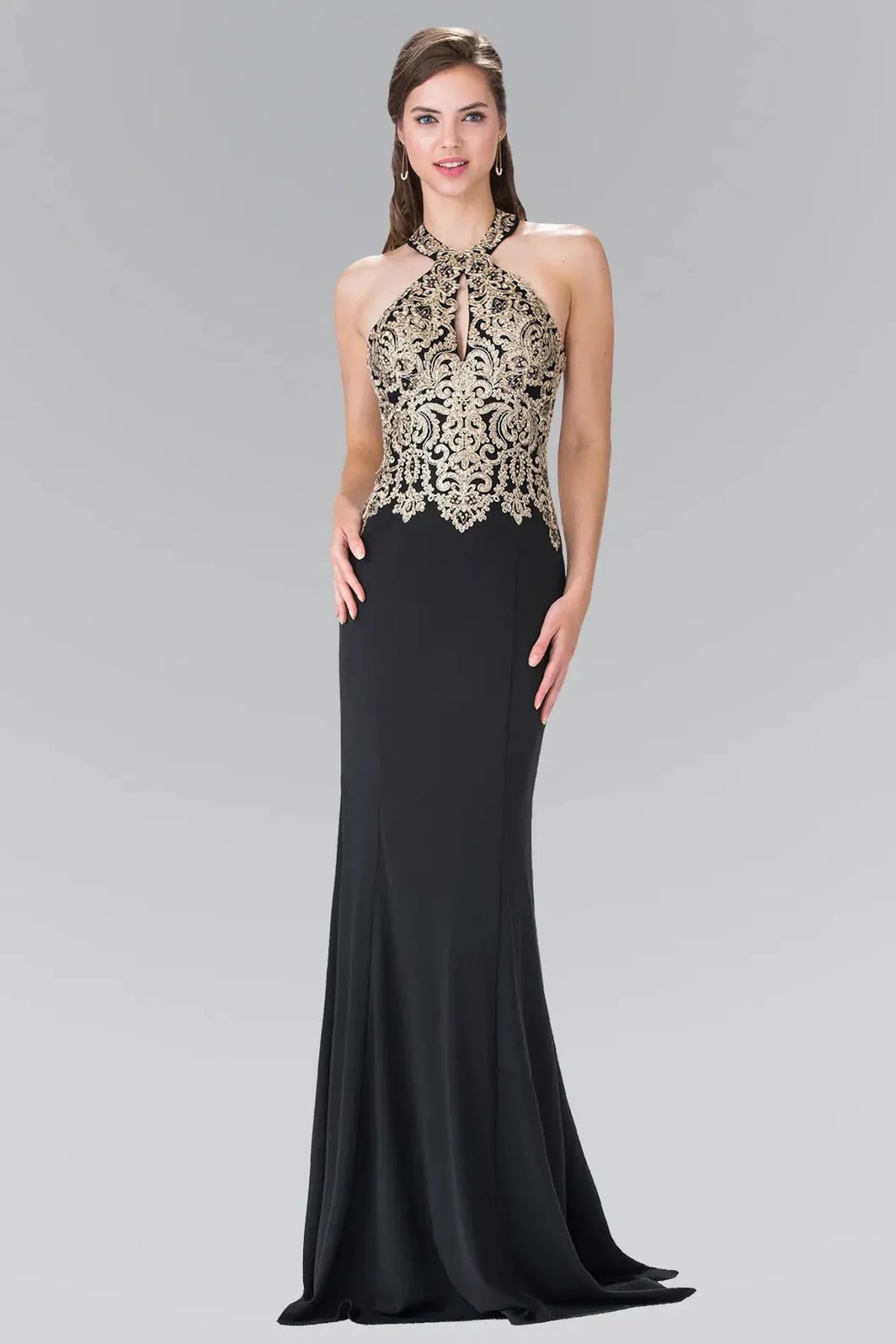 Full-length front view shows embroidered halter styling on the Black prom evening dress.