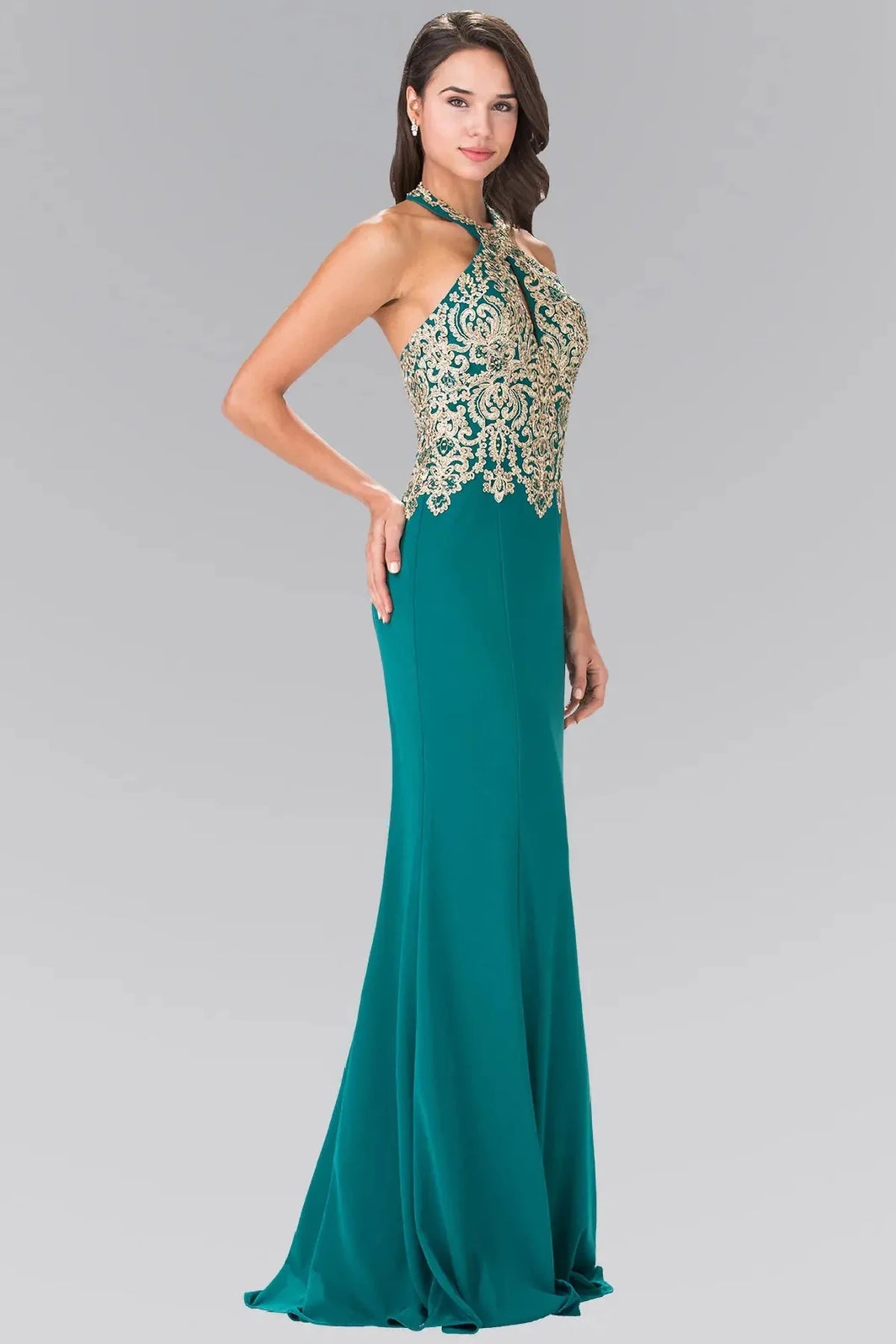 Teal embroidered halter prom evening dress full front