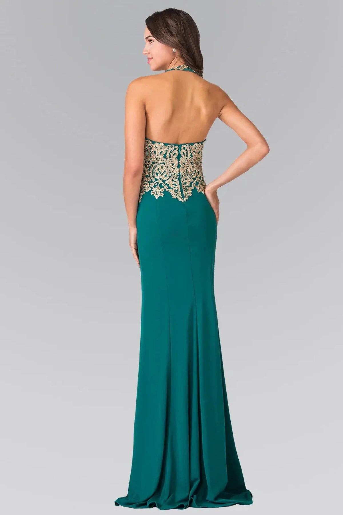 Teal prom evening dress full back with open back