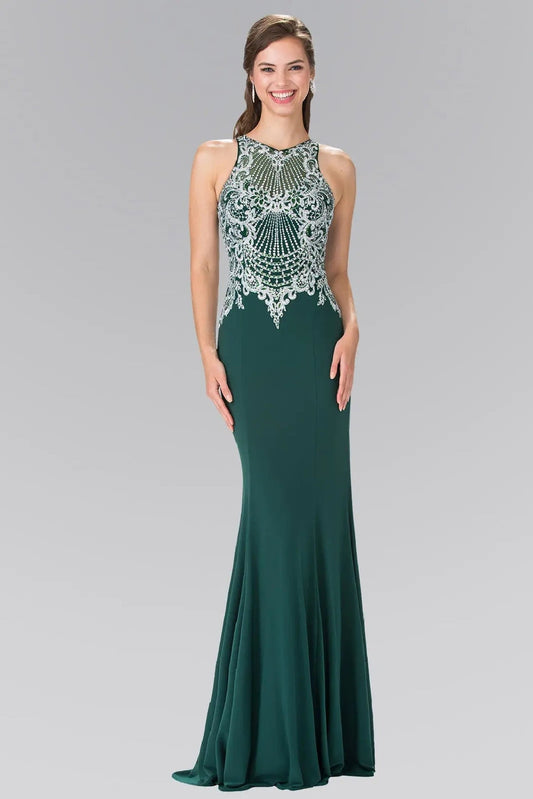 Detailed view highlights green beading embroidery formal dress detail.