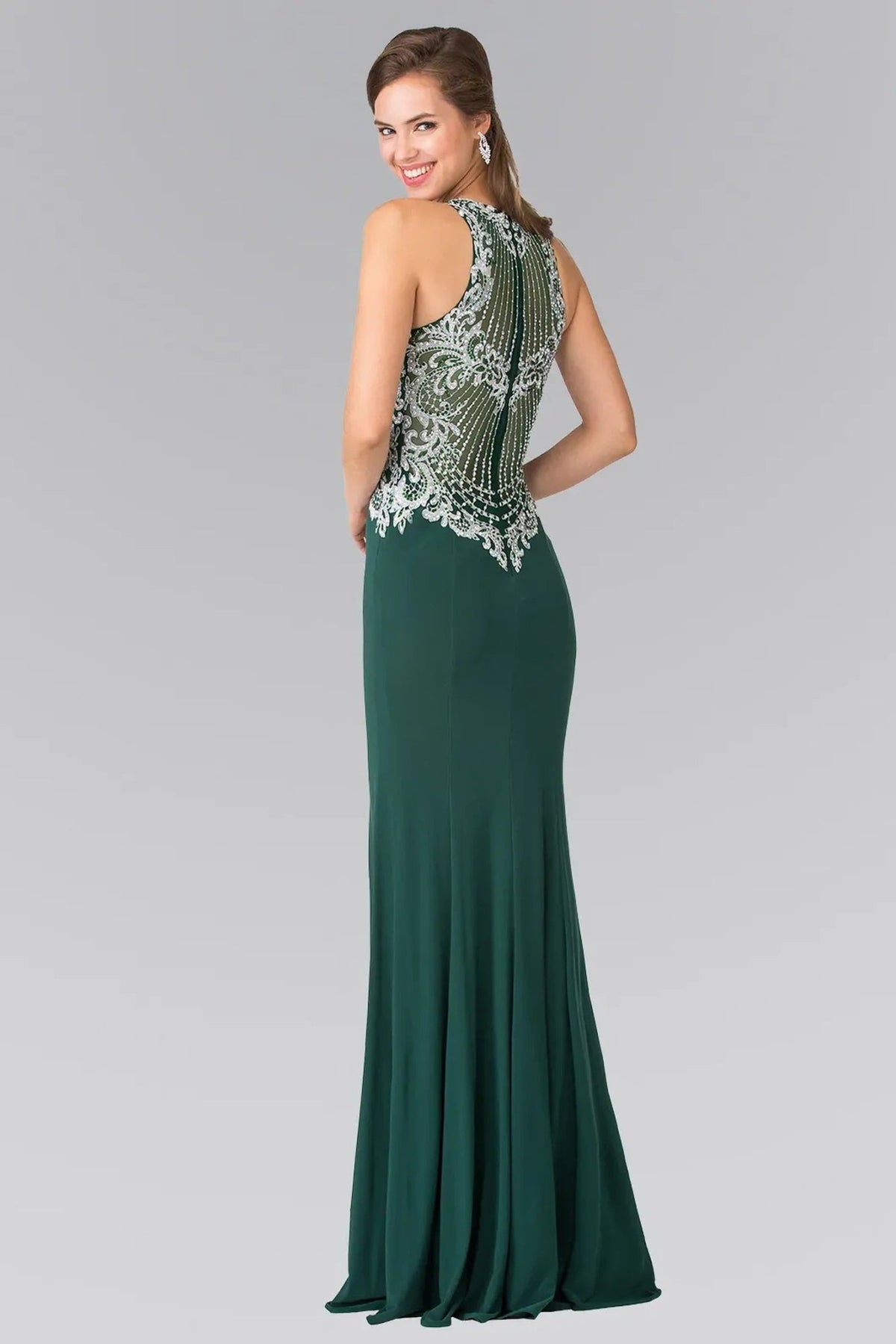 Green beading embroidery formal dress full back view