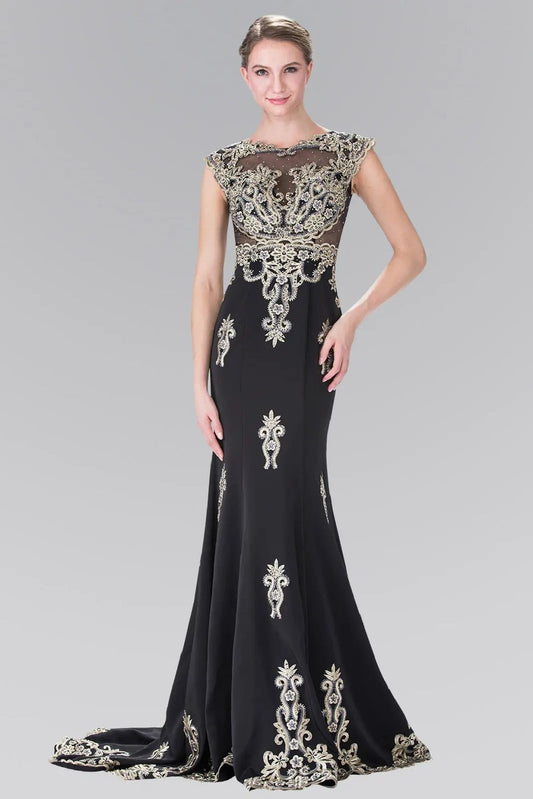 Full-length view highlights black beading embroidery formal dress.