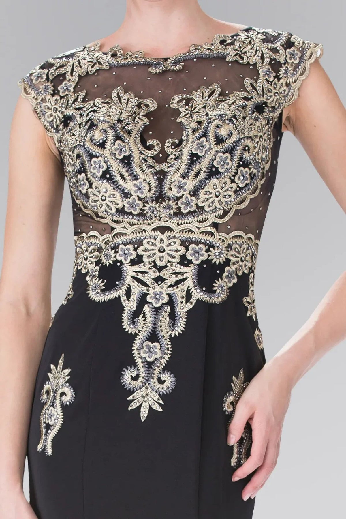 Black beading embroidery formal dress side detail