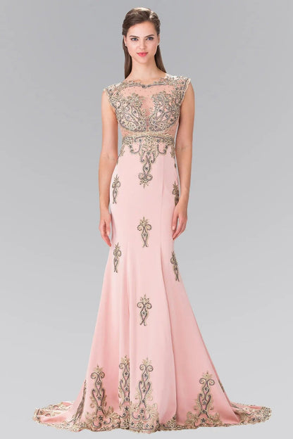Side profile shows dusty Rose beading embroidery formal dress side detail.