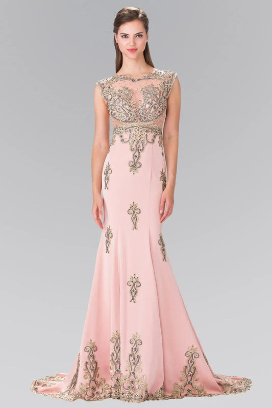 Side profile shows dusty Rose beading embroidery formal dress side detail.