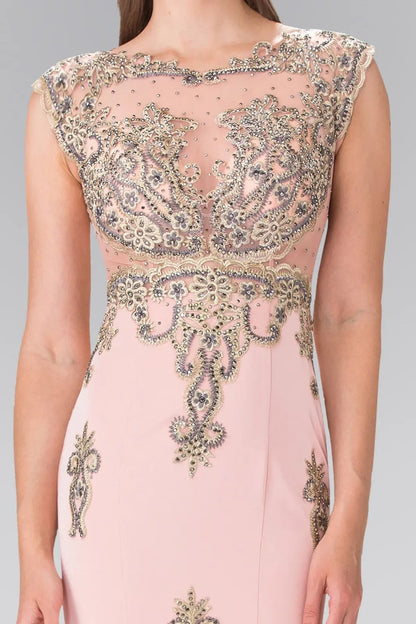 Back detail shows dusty Rose beading embroidery formal dress back bodice detail.