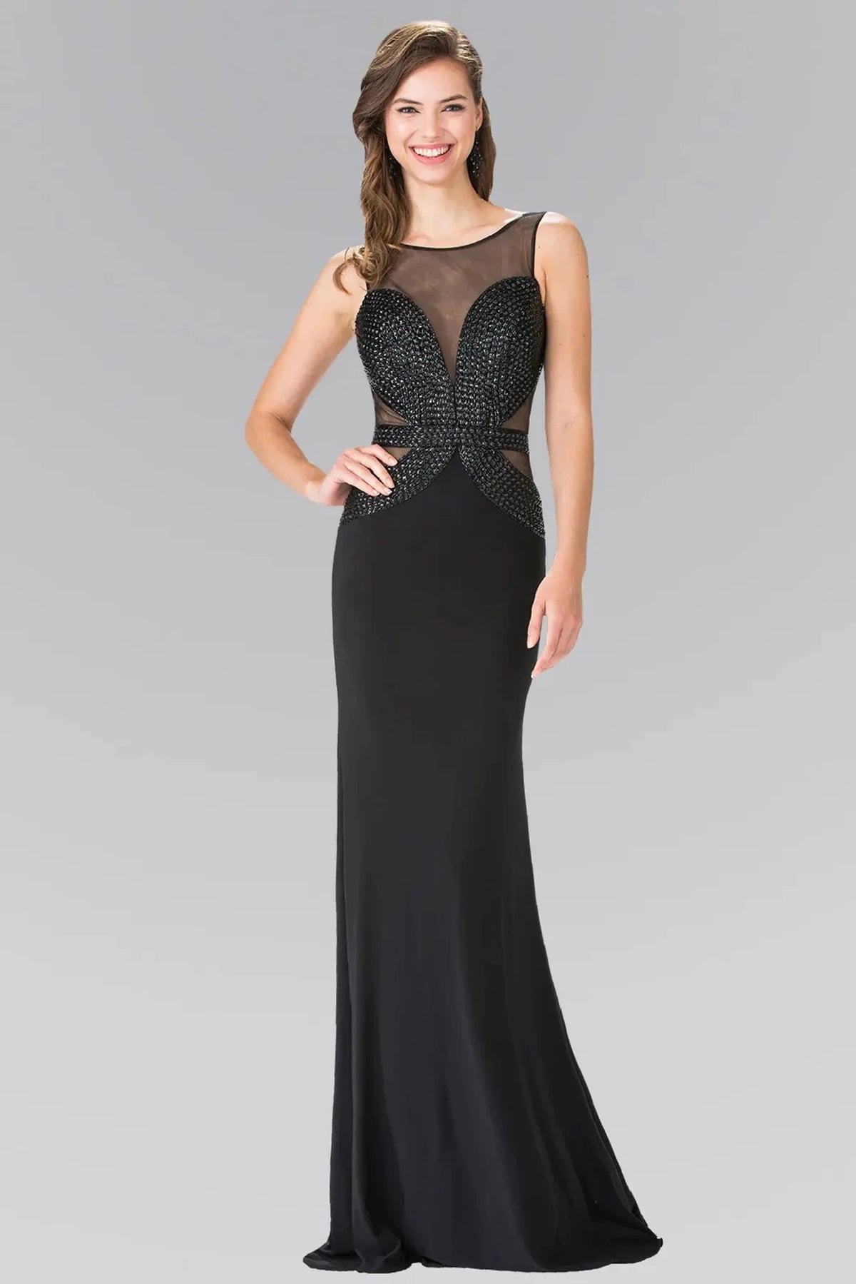Black beaded prom evening dress full front