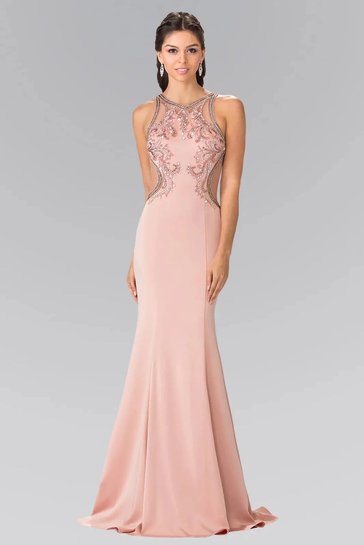 Blush beaded prom evening dress full front