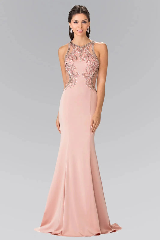Full-length front view shows beaded styling on the Blush prom evening dress.