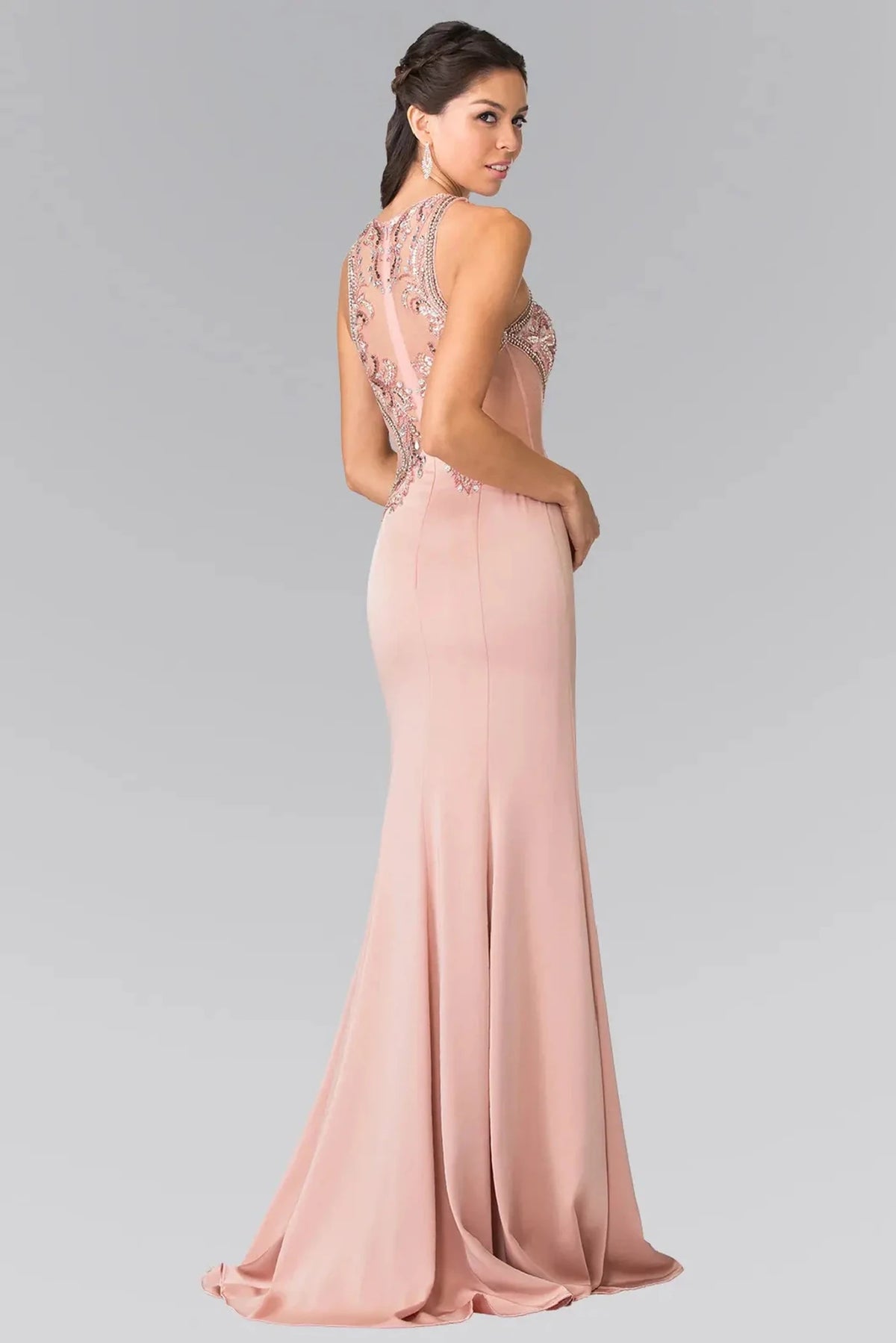 Blush prom evening dress full back with sheer back