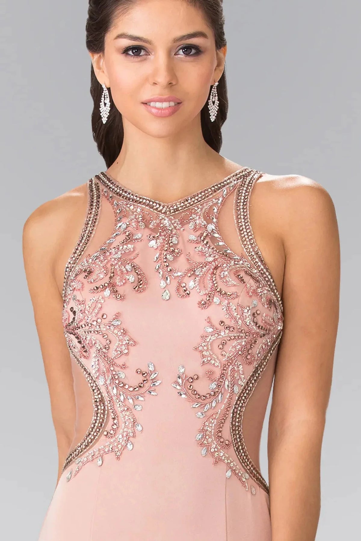Blush high neck prom evening dress upper front with beads, jewel