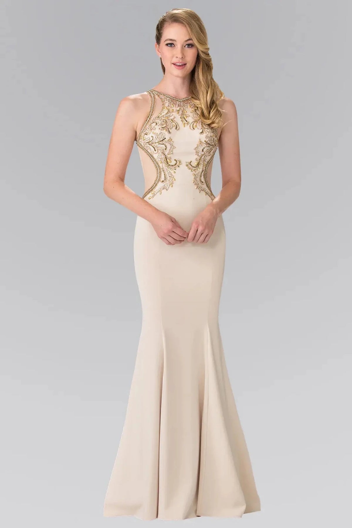 Champagne beaded prom evening dress full front