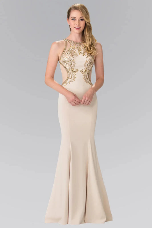Full-length front view shows beaded styling on the Champagne prom evening dress.