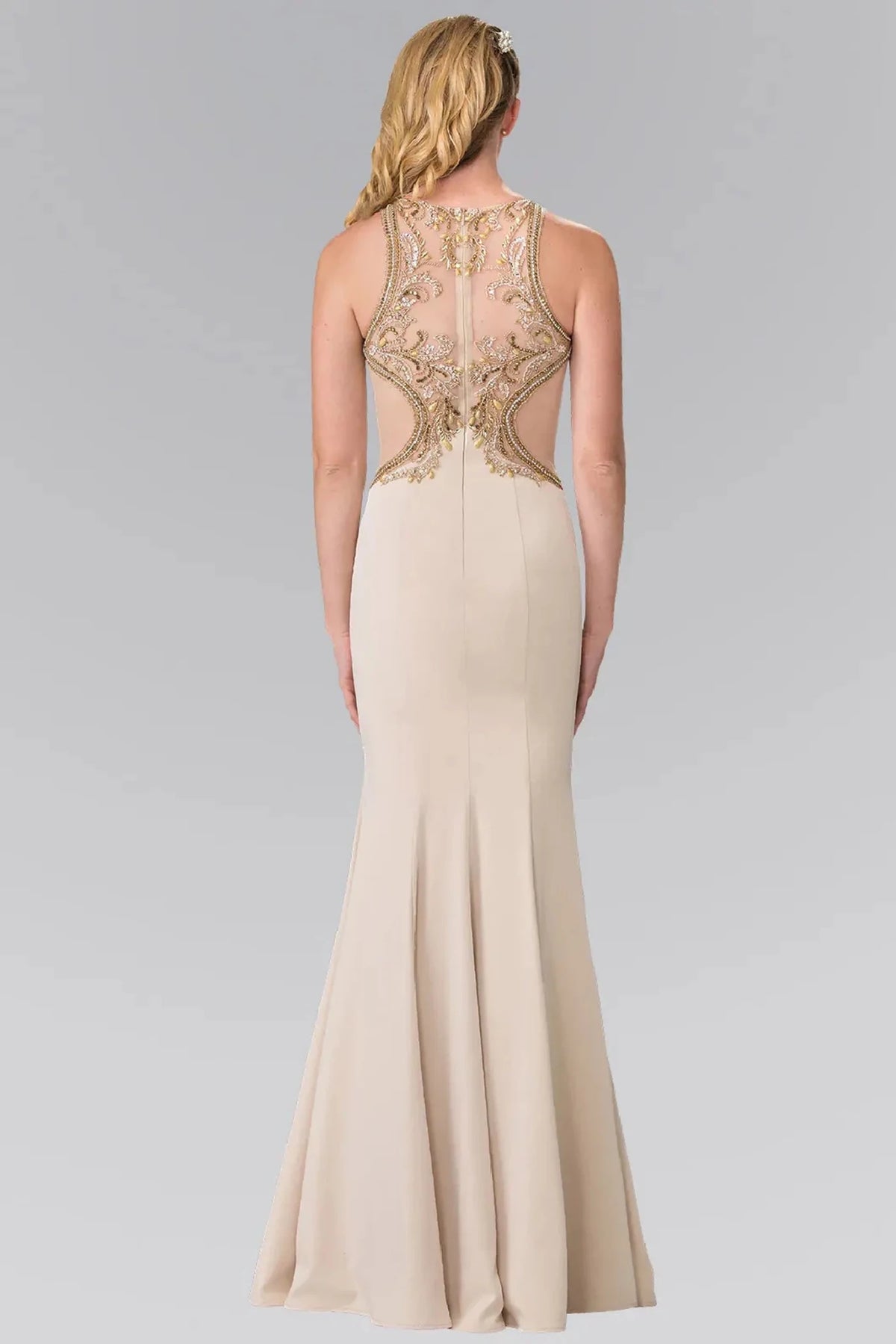 Champagne prom evening dress full back with sheer back