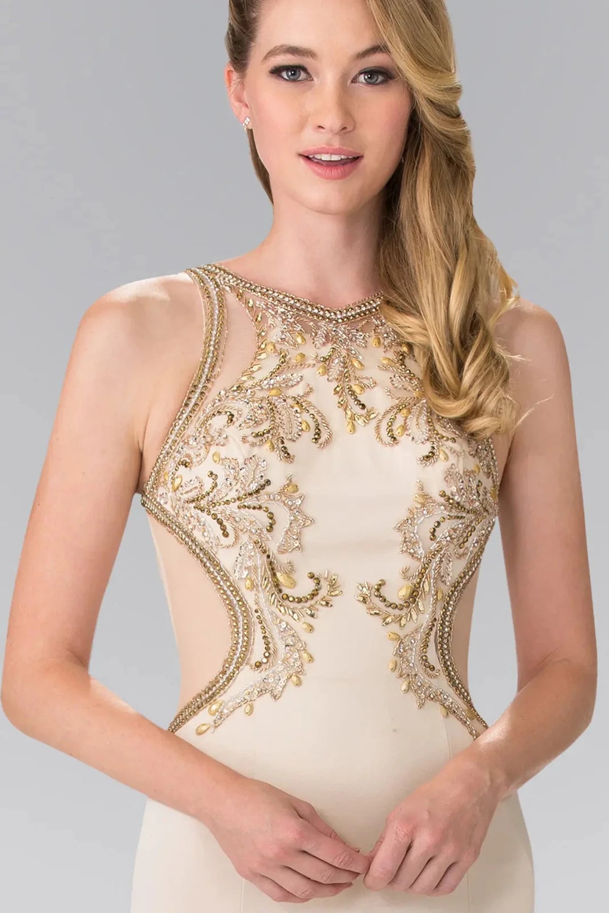 Champagne high neck prom evening dress upper front with beads, jewel