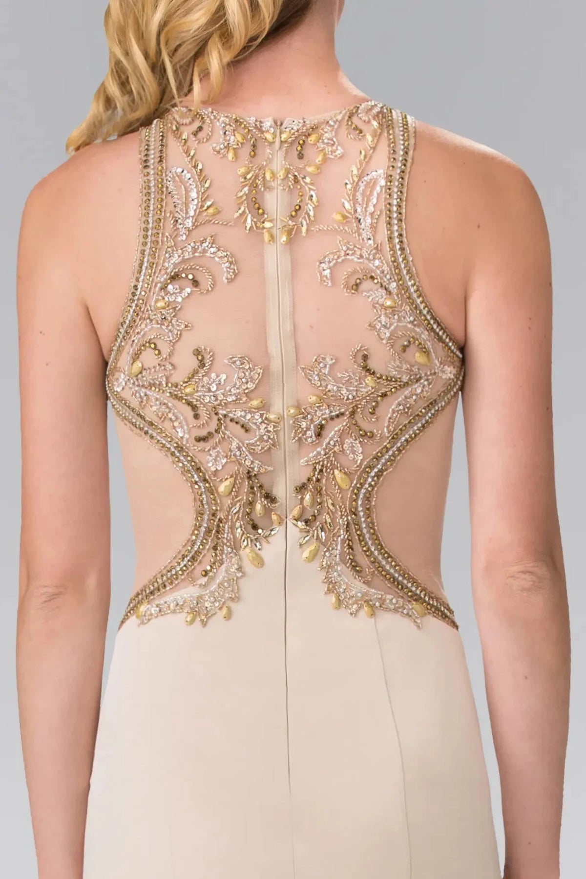 Champagne prom evening dress mermaid skirt detail