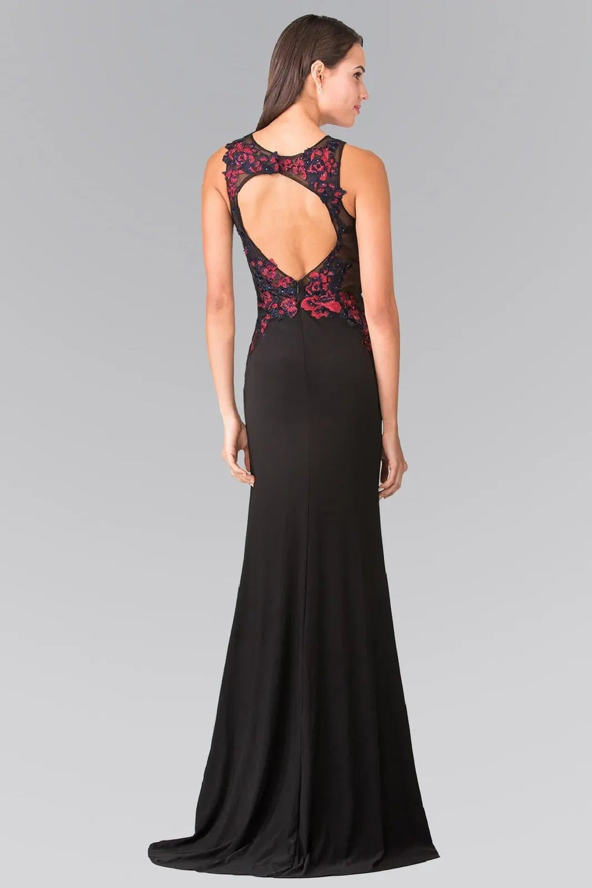 Black beading embroidery formal dress front bodice view