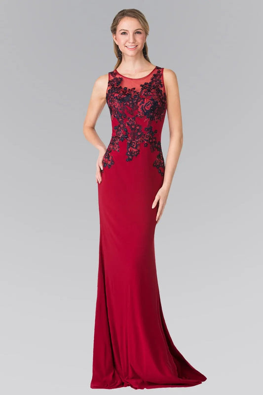 Rear view reveals burgundy beading embroidery formal dress.