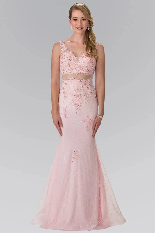 Full-length front view shows embroidered styling on the Blush prom evening dress.