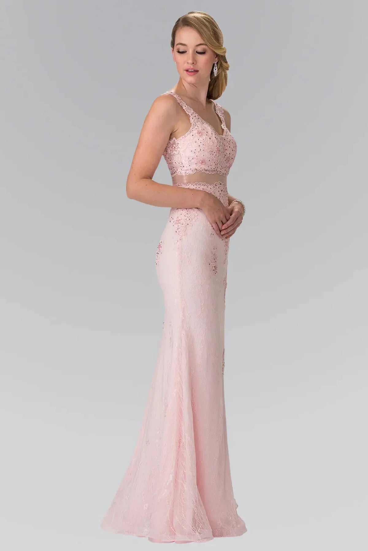 Blush prom evening dress full back with open back