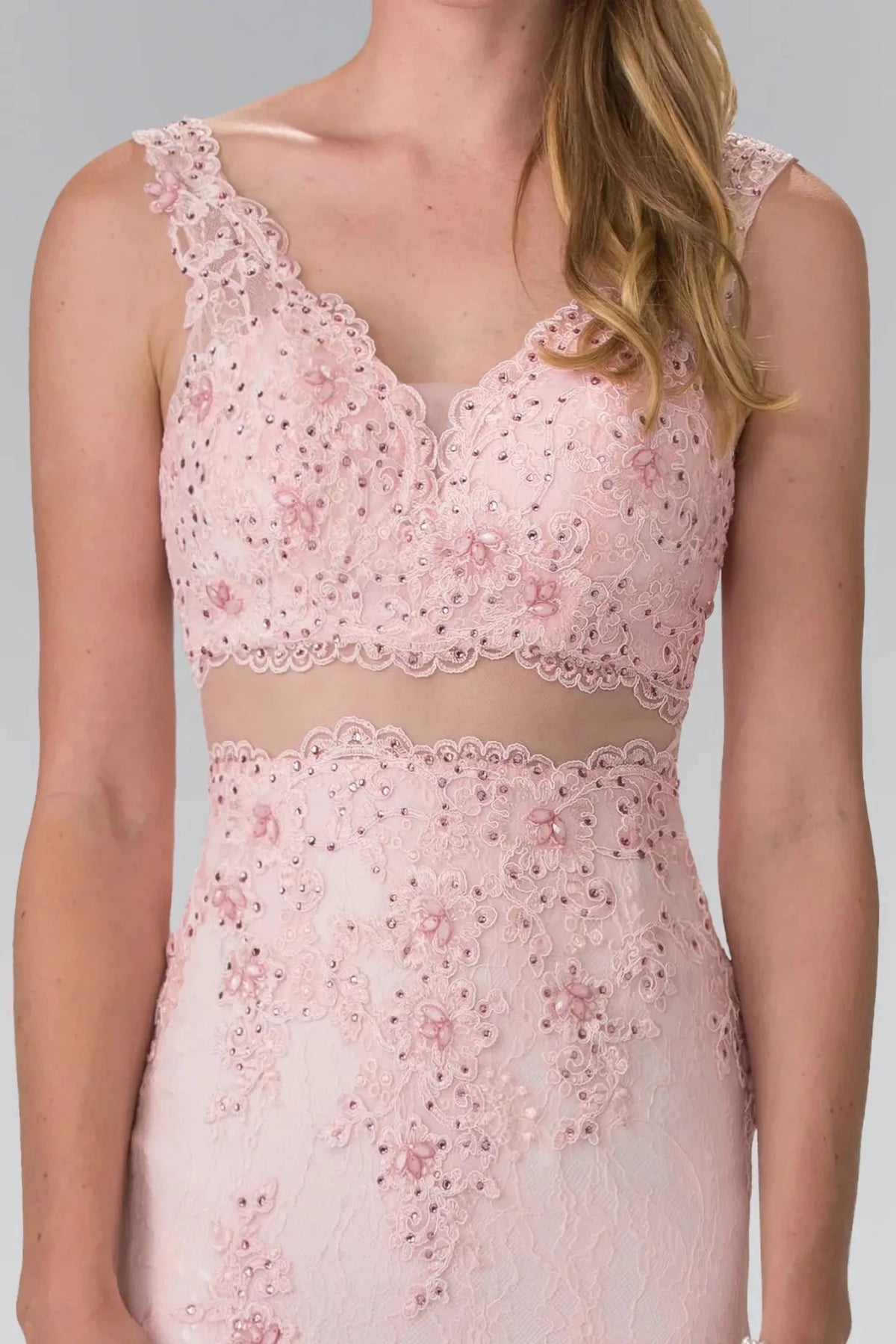 Blush illusion v-neck prom evening dress upper front with beads, embroidery